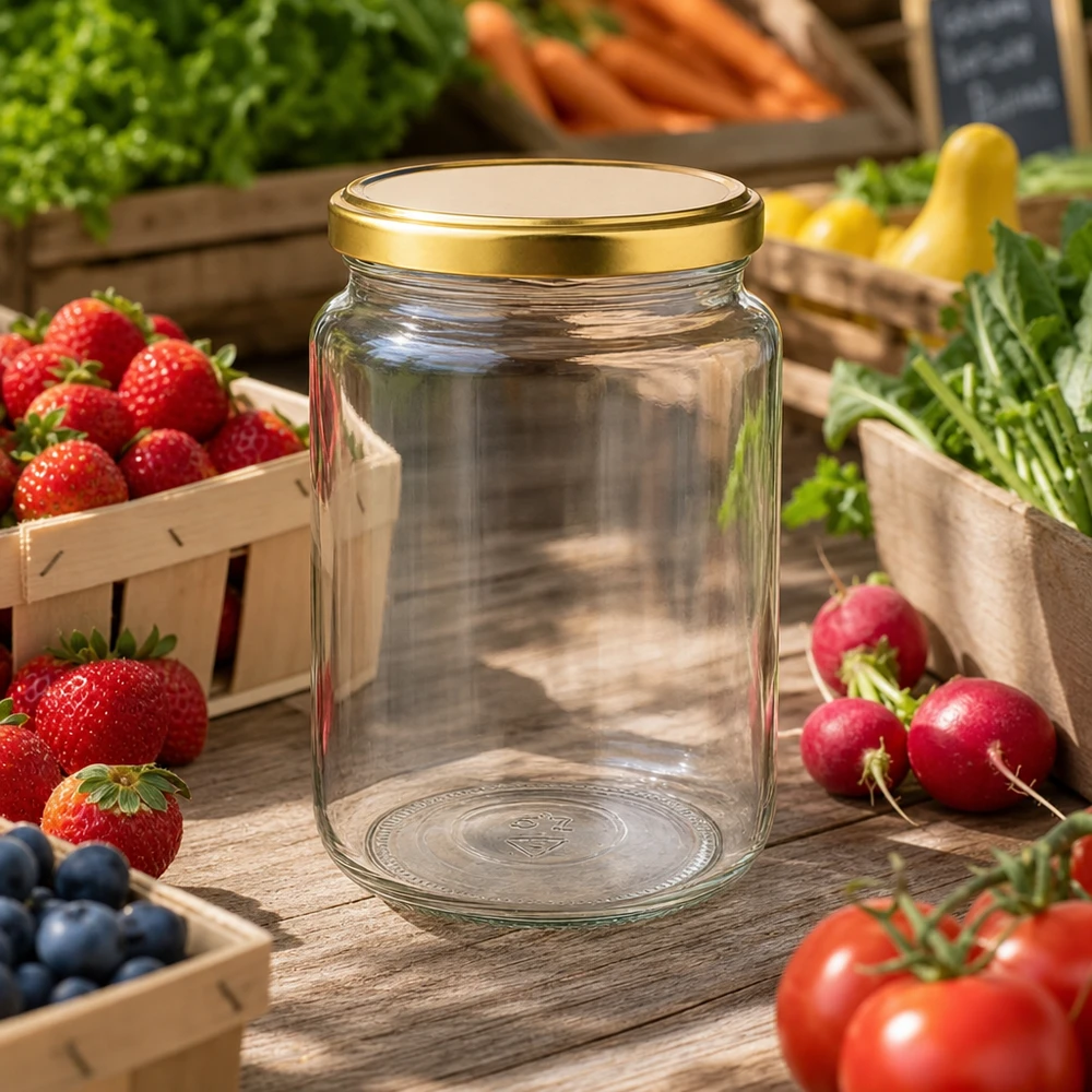 795ml Einmachglas mit goldenem Deckel zwischen frischem Obst und Gemüse auf Holztisch in Küche