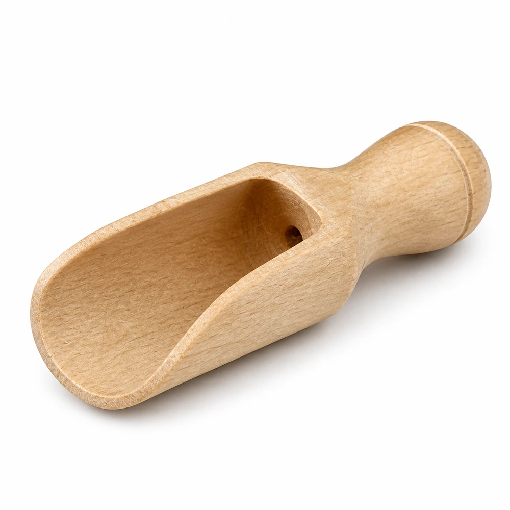 Holzschaufel XS aus Buchenholz mit ergonomischem Griff und halbrunder Schaufel für präzises Dosieren von Gewürzen