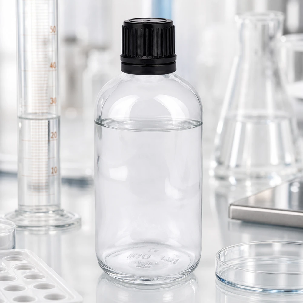 100ml globulová láhev 8mm nalévací kroužek černý standardní uzávěr ClearLine UT18/1 Kompakte 100ml Glasflasche UT18 Standard für pharmazeutische Abfüllung und Lagerung