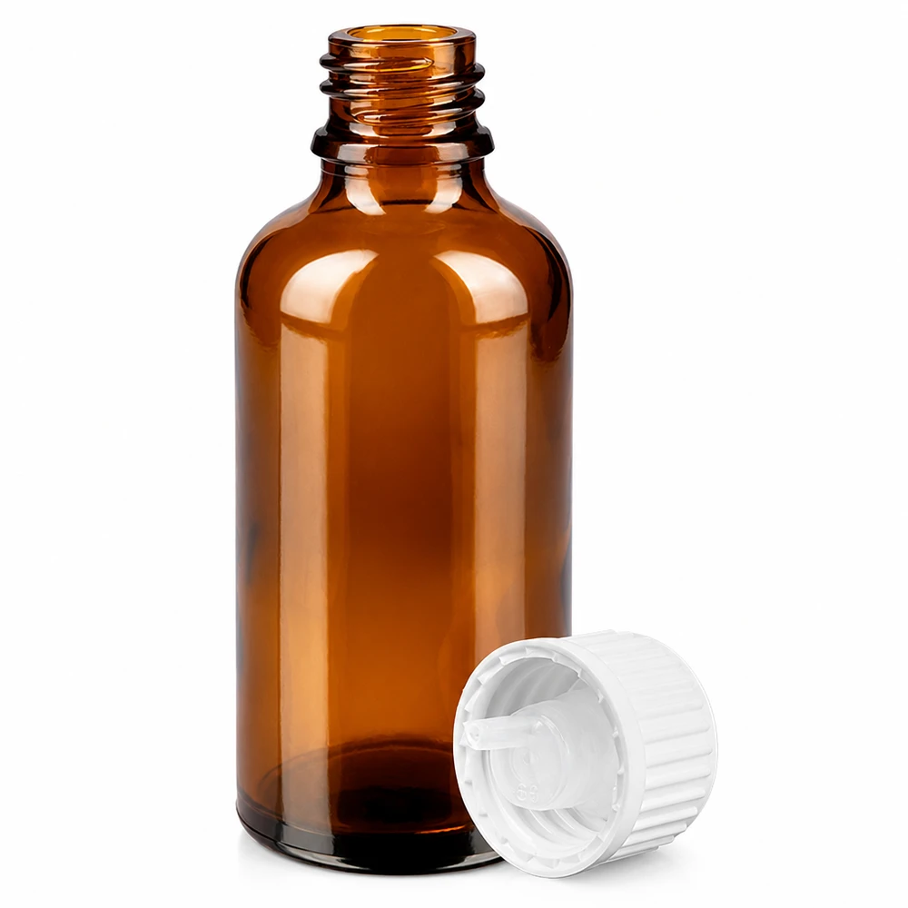 50ml lahvička s kapátkem 0,9 mm bílá standardní uzávěr BrownLine UT18/50 Hochwertige 50ml Braunglasflasche mit Standard Tropfverschluss weiß für lichtempfindliche Substanzen