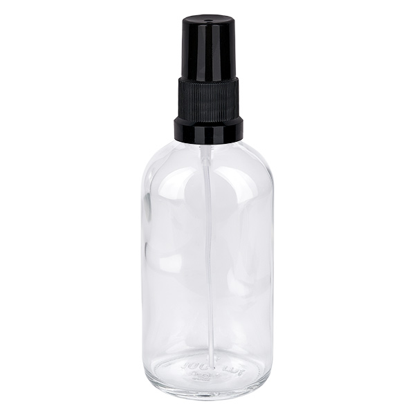 100ml láhev na sprej černá standardní uzávěr ClearLine UT18/100 Kompakte 100ml Glasflasche mit schwarzem Feinzerstäuber für Flüssigkeiten