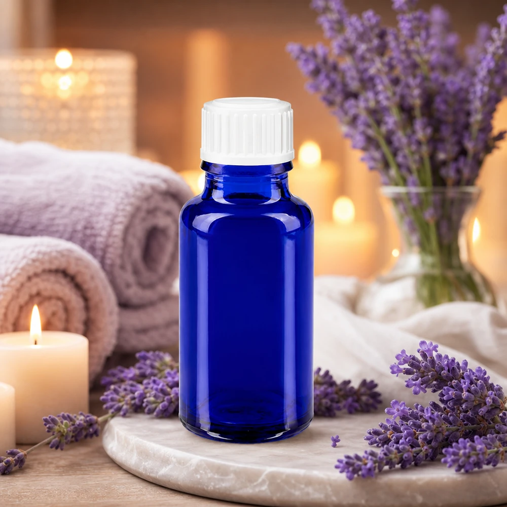 Blaue Tropfflasche 20ml Glas weißer Verschluss für Lavendelöl und Essenzen