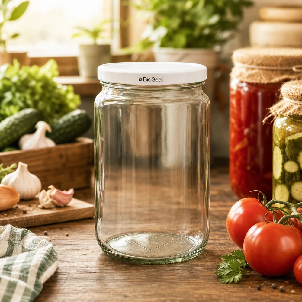 Kulatá sklenice o objemu 795 ml s bílým víčkem BioSeal UNiTWIST. UNiTWIST Runda795 Einmachglas in Küche mit frischem Gemüse - perfekt zum Einkochen und Konservieren