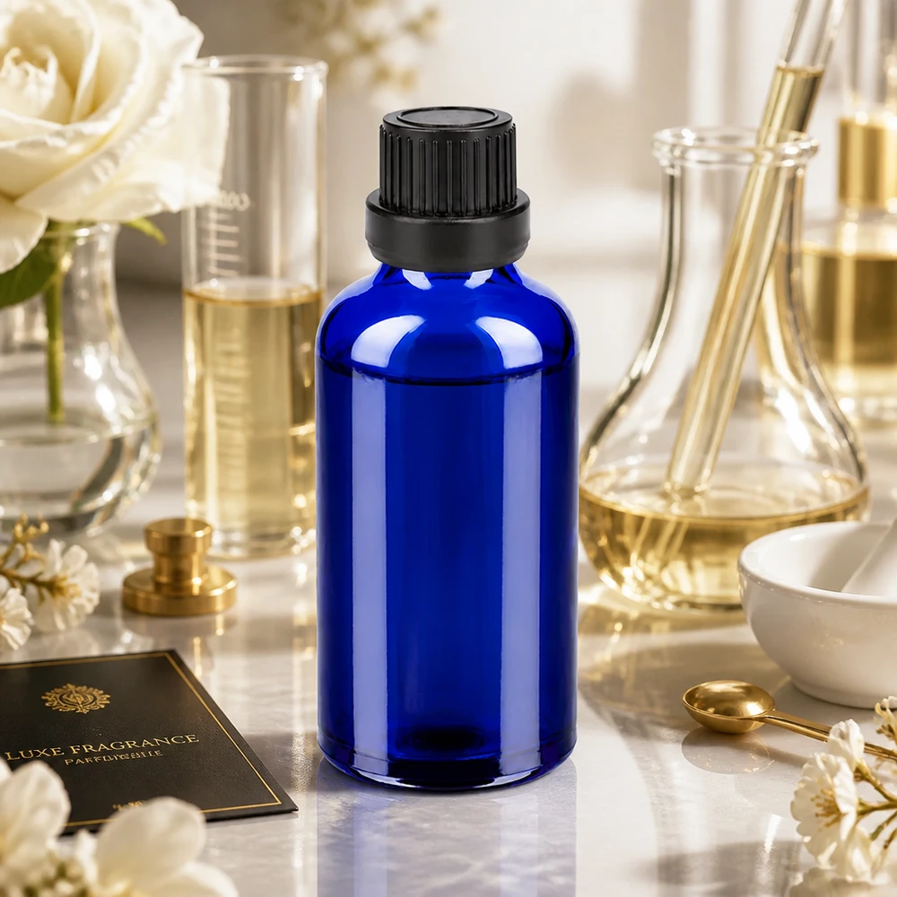 50ml láhev 11mm šroubovací uzávěr černý BlueLine UT18/50. Handliche 50ml Braunglasflasche Alternative in Blau mit schwarzem OV für DIY Mischungen