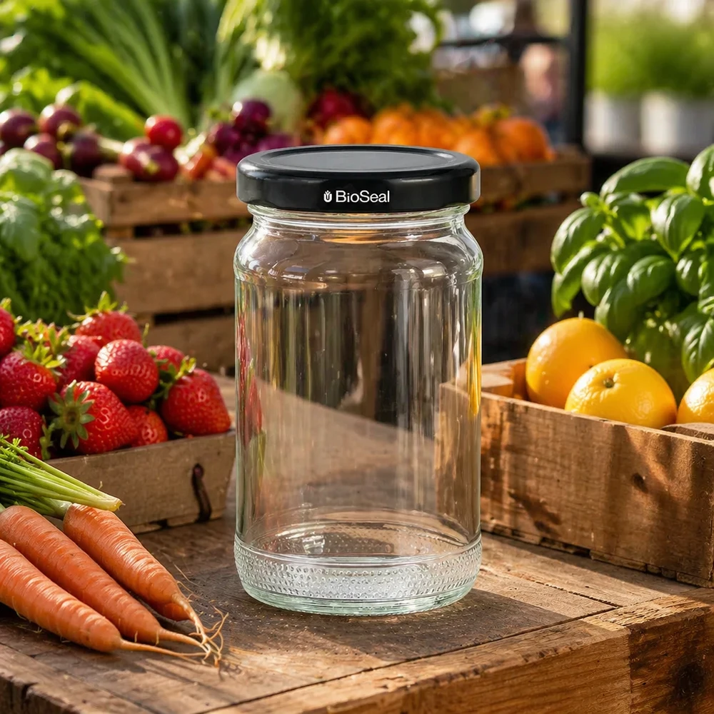 Kulatá sklenice 110 ml + víčko BioSeal černé UNiTWIST. UNiTWIST Runda110 leeres Einmachglas mit schwarzem TO48 BioSeal Deckel umgeben von frischem Obst und Gemüse
