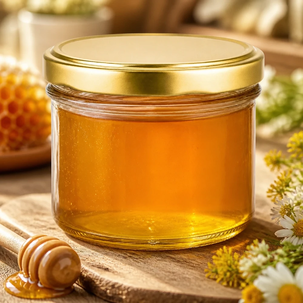 225ml tumblery s víčkem BasicSeal zlaté UNiTWIST 225ml Sturzglas UNiTWIST mit BasicSeal Deckel gold gefüllt mit Honig neben Honiglöffel und Blumen auf Holztisch