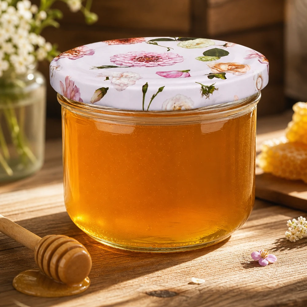 260ml kelímky + víčko BasicSeal flower pink UNiTWIST Sturzglas 260ml mit rosa Blütendeckel gefüllt mit Honig neben Honiglöffel - dekorative Aufbewahrung für süße Leckereien