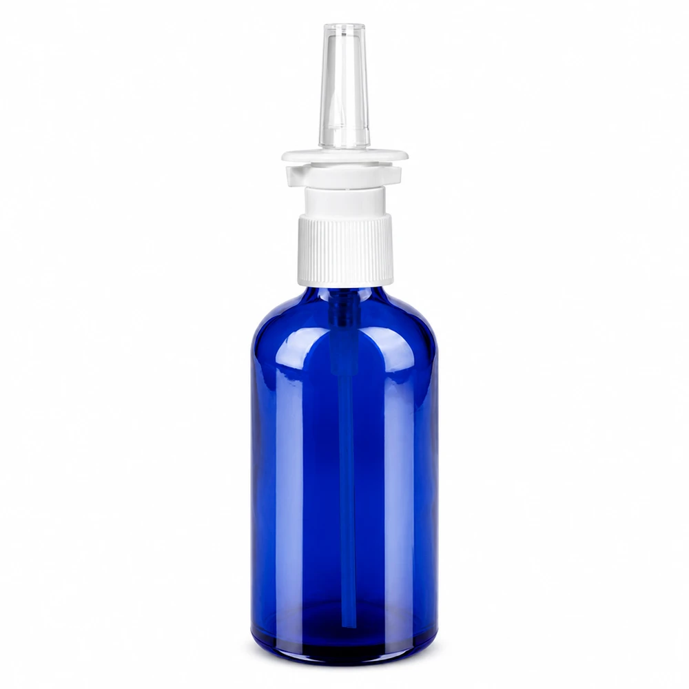 Hochwertige blaue Glasflasche 100ml mit Nasensprühaufsatz für pharmazeutische Produkte