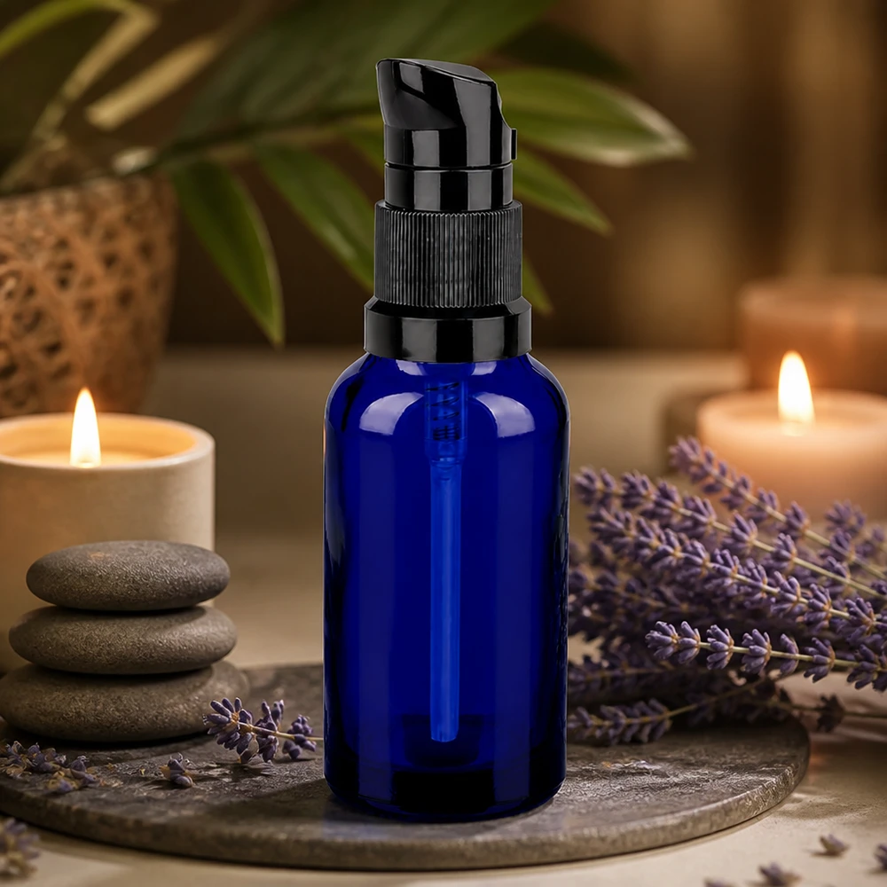 30ml lahvička s pumpičkou černá standardní uzávěr BlueLine UT18/30 Dekorative 30ml Glasflasche mit schwarzem Pump ideal für handgemachte Kosmetikprodukte