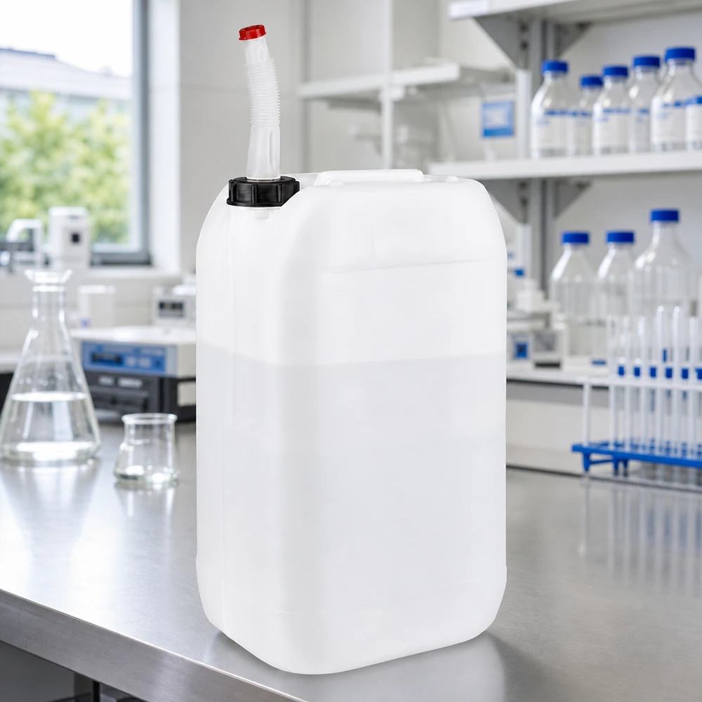 Kanystr o objemu 15 litrů s výpustnou trubkou Flex Robuster 15 Liter Kanister mit biegsamem Ausgießer und rotem Verschlussstopfen im Labor