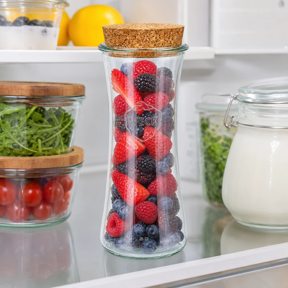 WECK RR80 Vorratsglas 700ml mit Korkdeckel gefüllt mit Beeren im Kühlschrank zwischen anderen Vorratsgläsern mit Gemüse