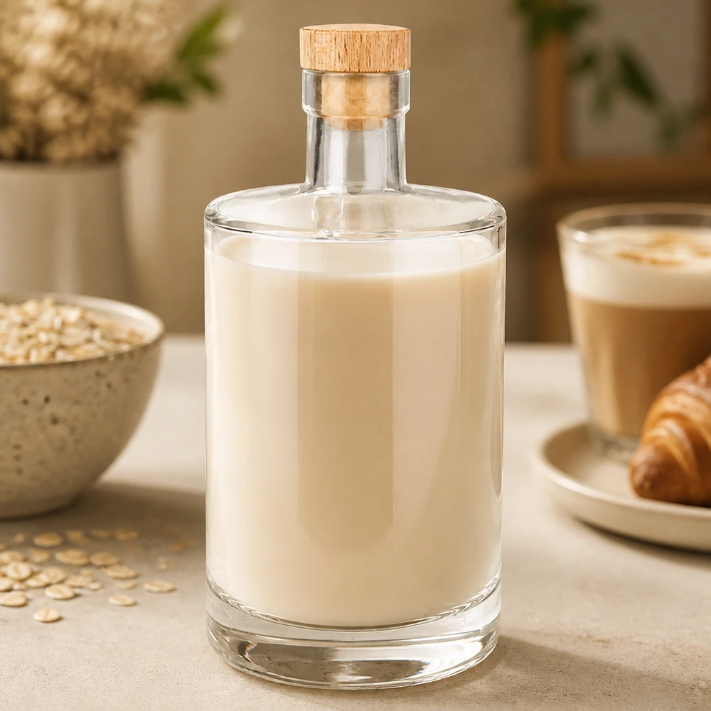 700ml Glasflasche "Galileo" mit Holzgriffkorken UNiTWIST® 700ml Glasflasche Marie mit cremigem Hafermilch-Inhalt und Holzkorken neben Haferflocken und Kaffeetasse