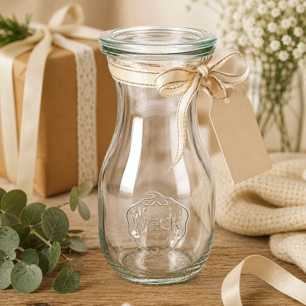 WECK Saftflasche 290ml RR60 als Geschenkidee dekoriert mit Schleife und Anhänger neben Geschenkbox und Blumen