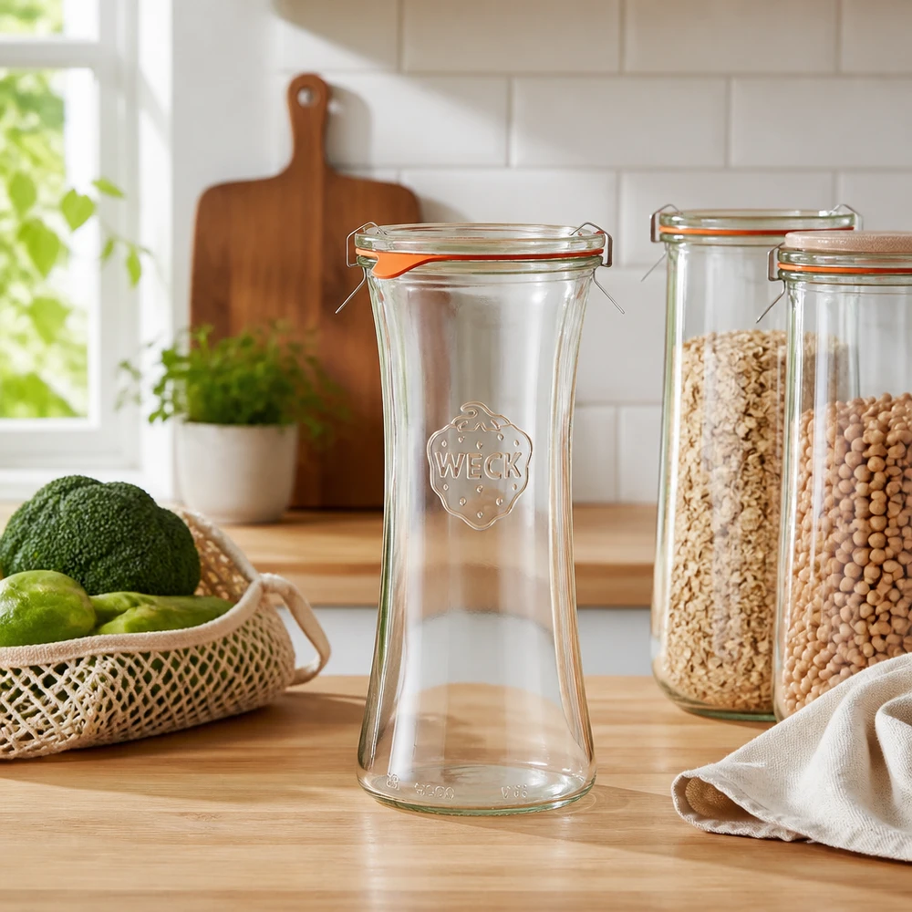 WECK RR80 Delikatessenglas 700ml leer auf Holztheke in heller Küche mit Avocado, Limetten und Vorratsgläsern