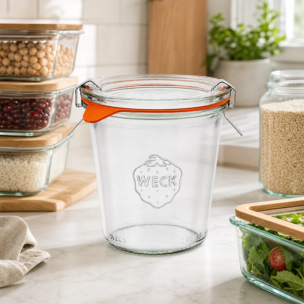 290ml vysoká skleněná nádoba kompletní WECK RR80 WECK Einmachglas 290ml RR80 mit orangem Gummiring und Bügelverschluss in moderner Küche mit Vorratsgläsern