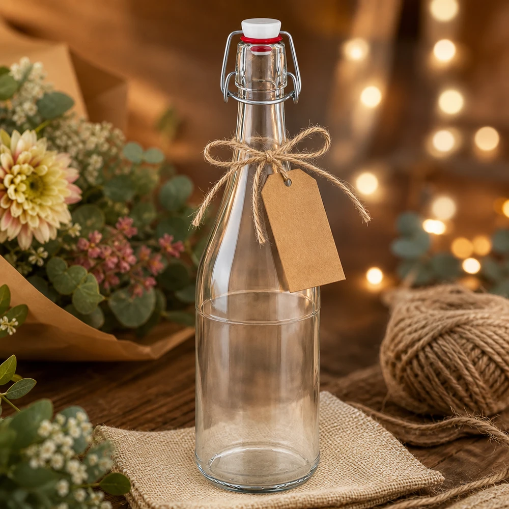 Skleněná láhev o objemu 750 ml + otočný uzávěr PVC UNiTWIST 750ml Glasflasche Bügelverschluss PVC UNiTWIST Geschenkverpackung Bastpapier Anhänger rustikale Dekoration