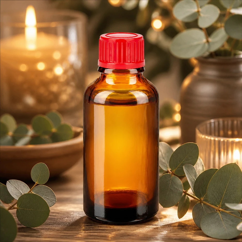 30ml láhev 11mm šroubovací uzávěr červená Standard BrownLine UT18/30 Stilvolle 30ml Flasche in warmer Bernsteinoptik mit auffälligem roten Verschlusssystem