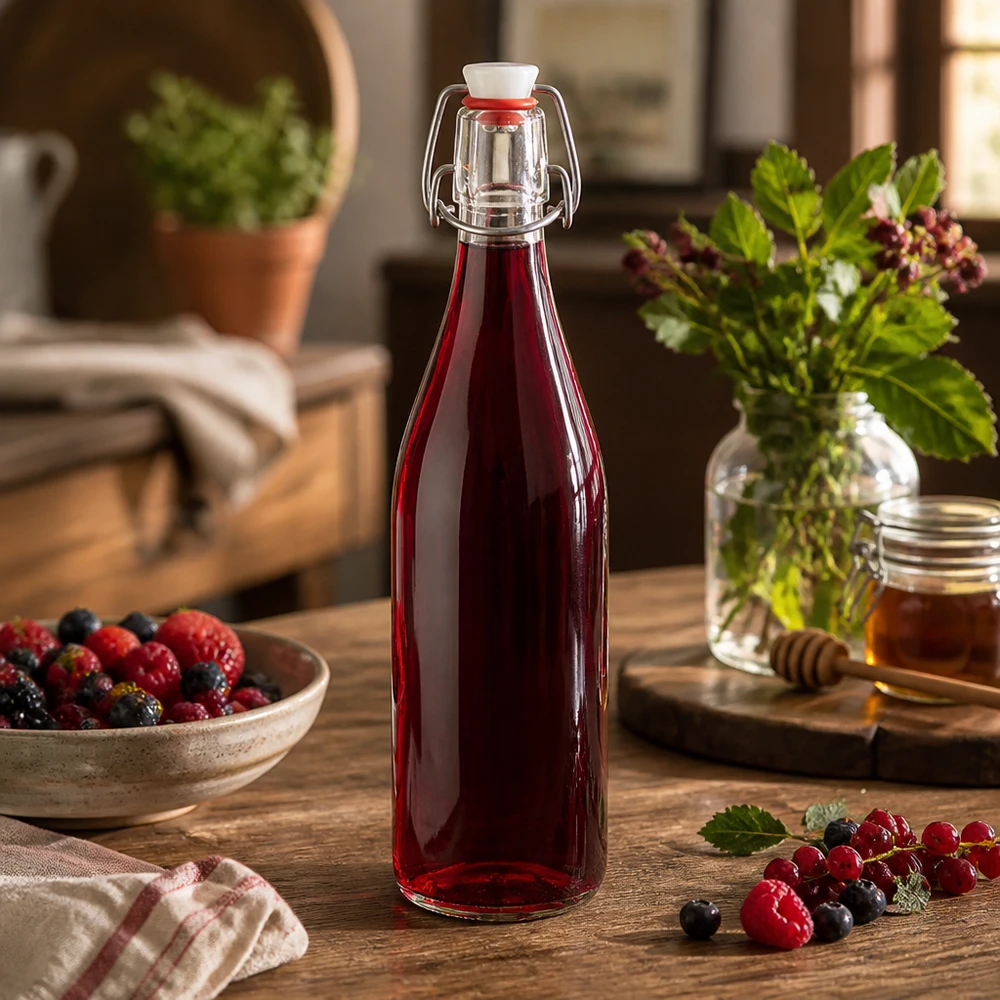Skleněná láhev 500ml + otočný vršek z porcelánu UNiTWIST - zde. 500ml Glasflasche Bügelverschluss mit rotem Beerensaft auf Holztisch neben frischen Beeren und Honig in Küche