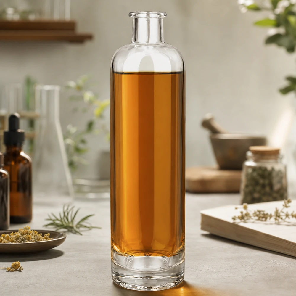 500ml Glasflasche Ella UNiTWIST mit Kamillentee gefüllt umgeben von Kräutern und Naturprodukten Lifestyle-Szene