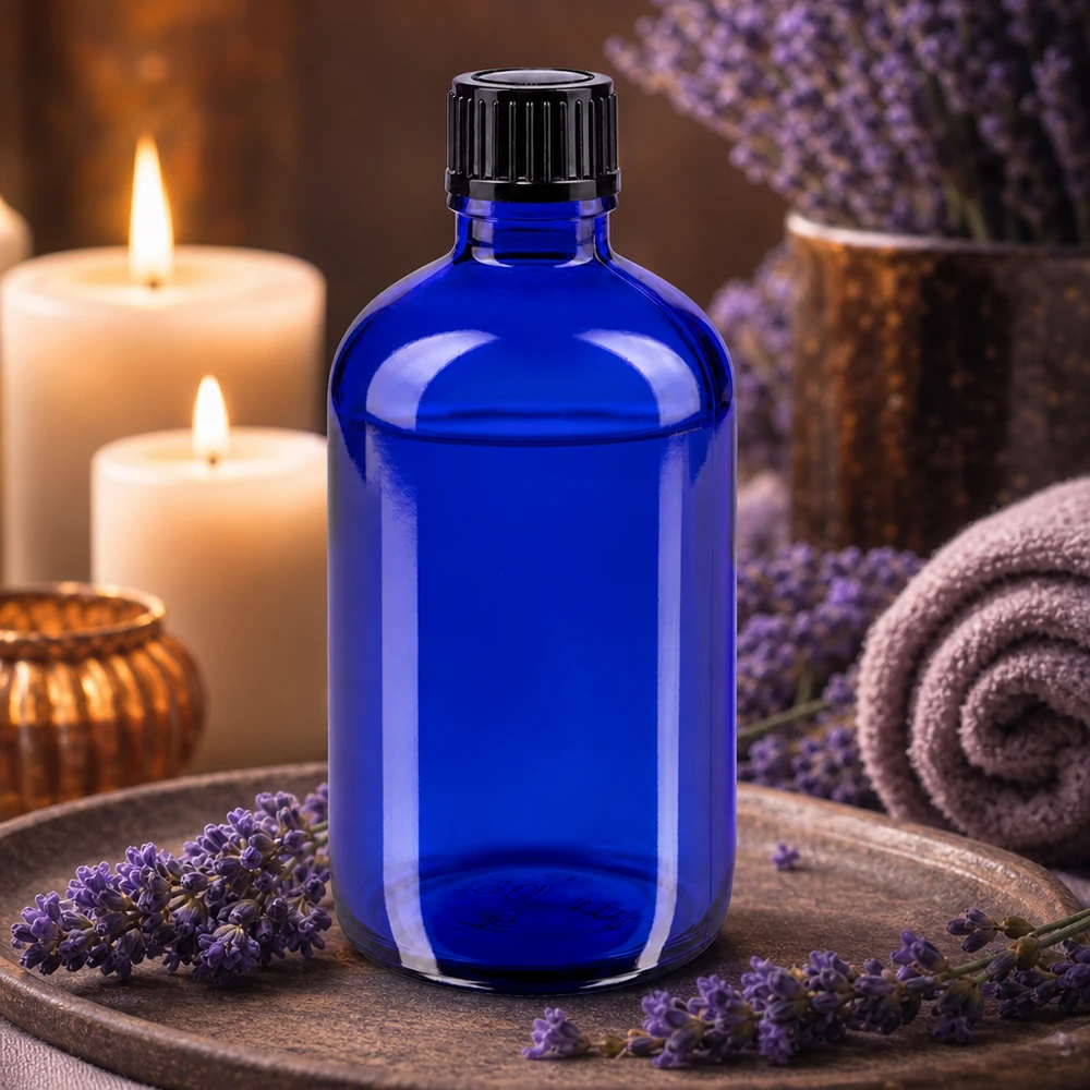 Aromatherapie Tropfflasche 100ml blaues Apothekerglas mit 1mm Dosiereinsatz schwarz