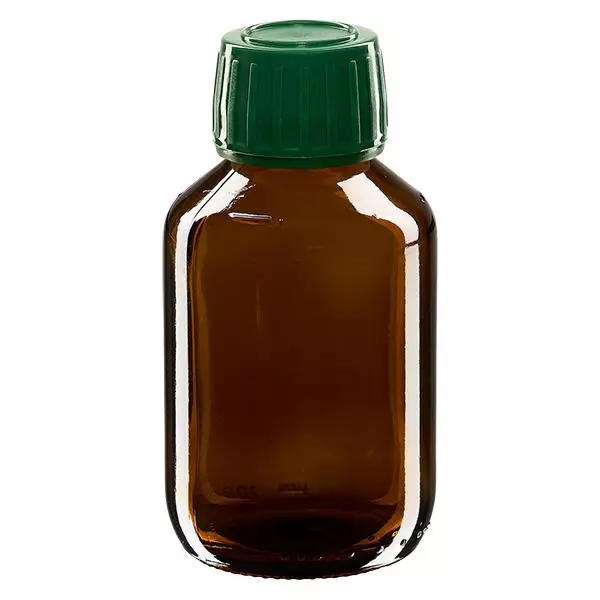 100ml lahvička na léky hnědá, uzávěr zelený s tamper-evidentním kroužkem ApoGlas 100ml lahvička na léky hnědá, uzávěr zelený s tamper-evidentním kroužkem ApoGlas