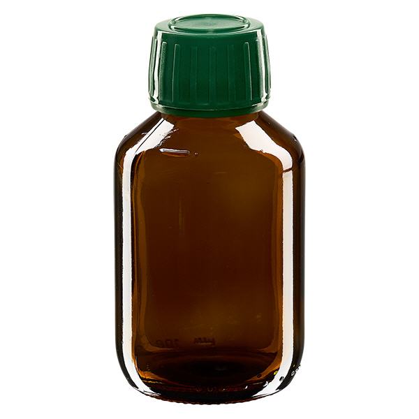 100ml lahvička na léky hnědá, uzávěr zelený s tamper-evidentním kroužkem ApoGlas 100ml lahvička na léky hnědá, uzávěr zelený s tamper-evidentním kroužkem ApoGlas