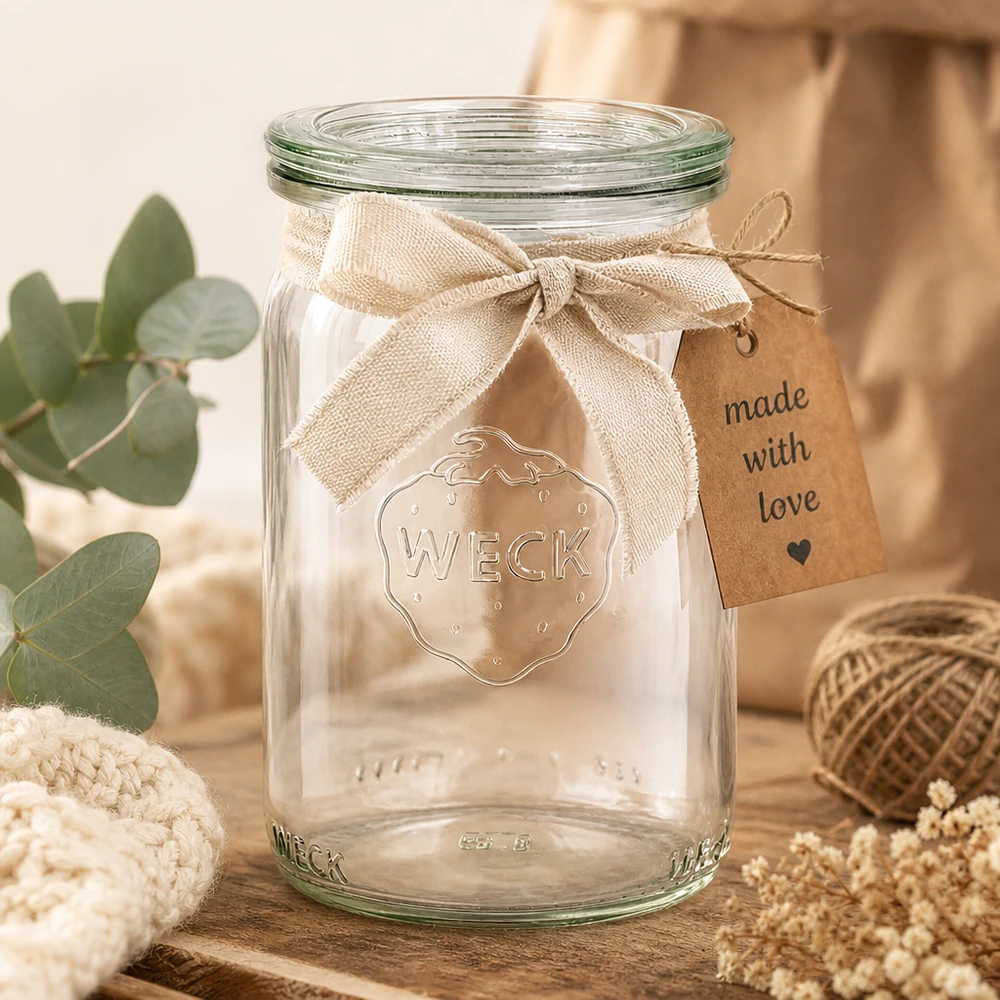 145ml válcová sklenice se skleněným víčkem WECK RR40 WECK 145ml Zylinderglas RR40 dekorativ arrangiert mit Juteband und Made with Love Anhänger in gemütlicher Atmosphäre
