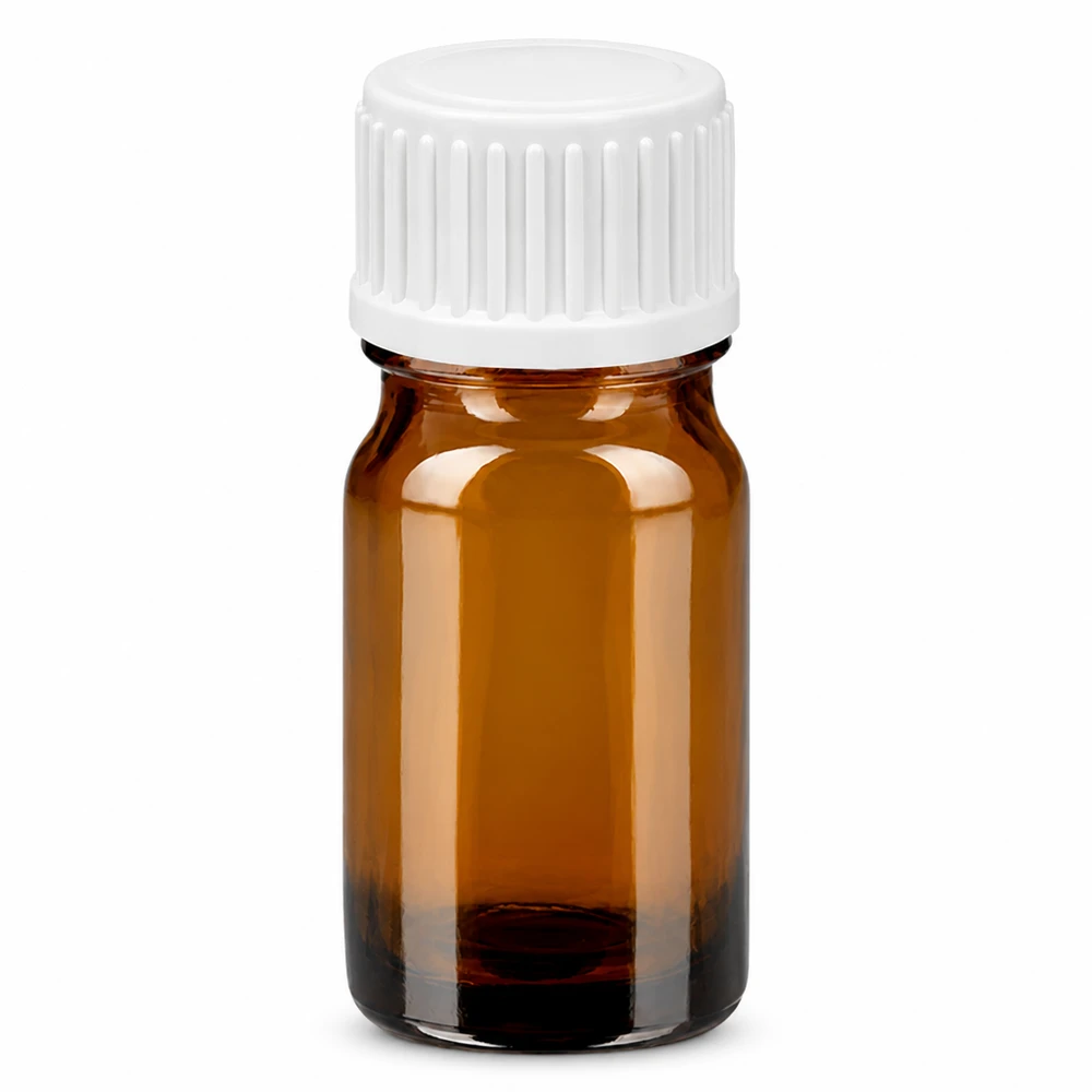 5ml lahvička s kapátkem 0,9 mm bílá standardní uzávěr BrownLine UT18/5 5ml Apothekerflasche aus braunem Glas mit weissem Verschluss zum Tropfen