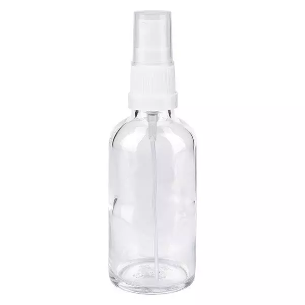 Lékárenská lahvička čirá 50ml s rozprašovacím víčkem bílá Lékárenská lahvička čirá 50ml s rozprašovacím víčkem bílá
