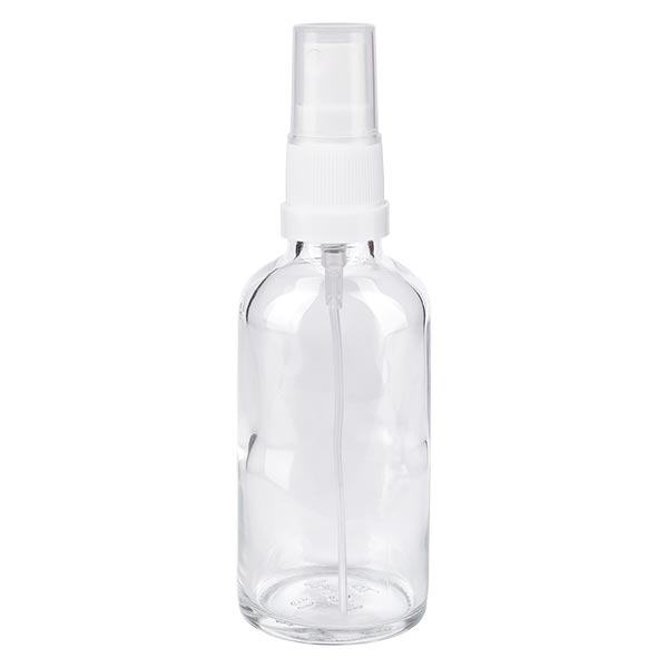 Lékárenská lahvička čirá 50ml s rozprašovacím víčkem bílá Lékárenská lahvička čirá 50ml s rozprašovacím víčkem bílá