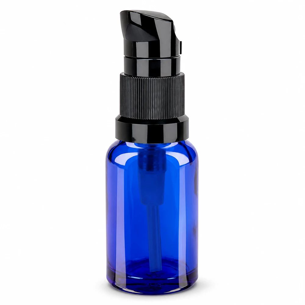 10ml lahvička s pumpičkou černá standardní uzávěr BlueLine UT18/10 Premium Pumpspender Flasche 10ml blaues Glas schwarzer Pump STD BlueLine UT18/10