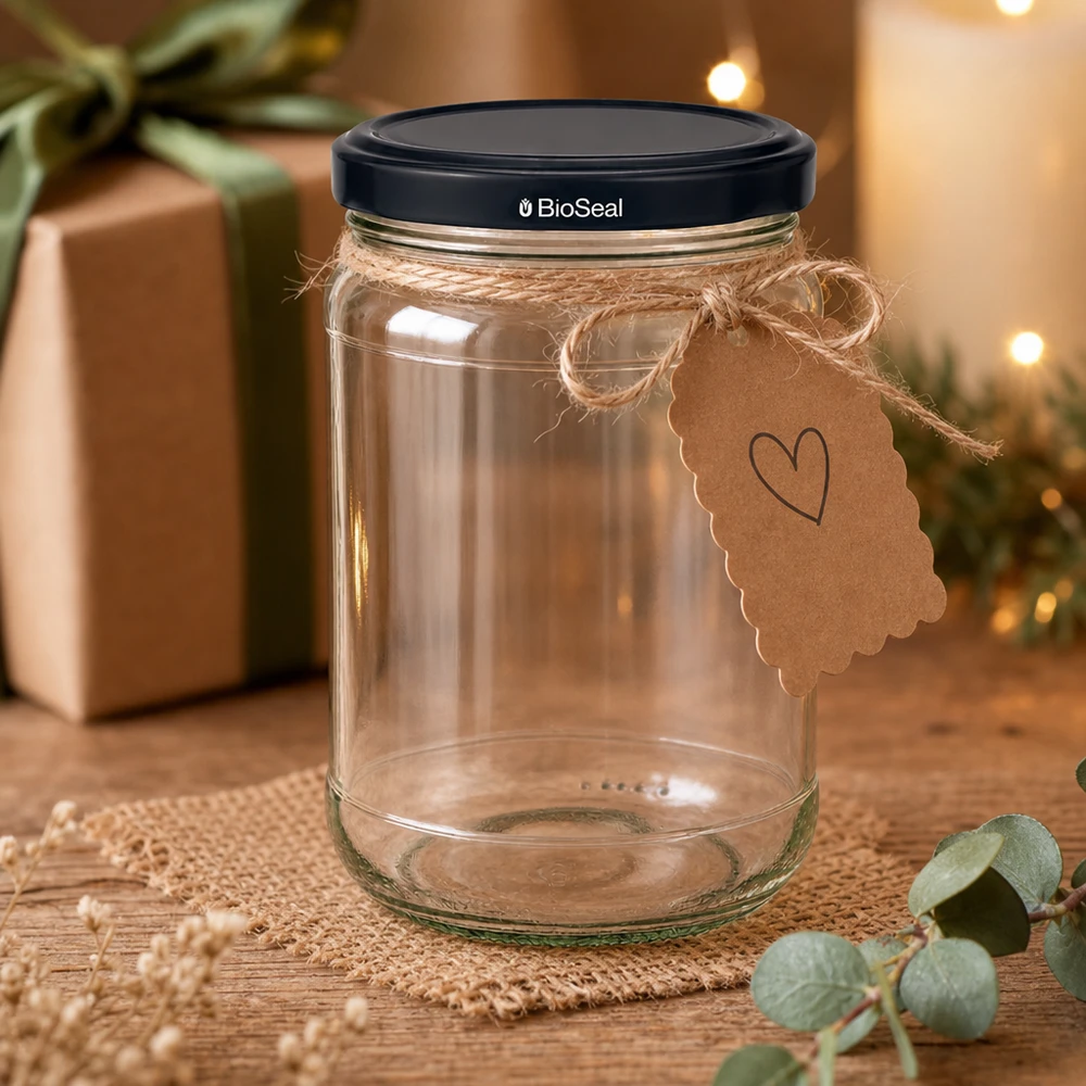 Kulatá nádoba o objemu 305 ml + víčko BioSeal černé UNiTWIST. Dekoratives UNiTWIST Einmachglas Runda305 mit Geschenkanhänger und schwarzem BioSeal Deckel in gemütlicher Atmosphäre