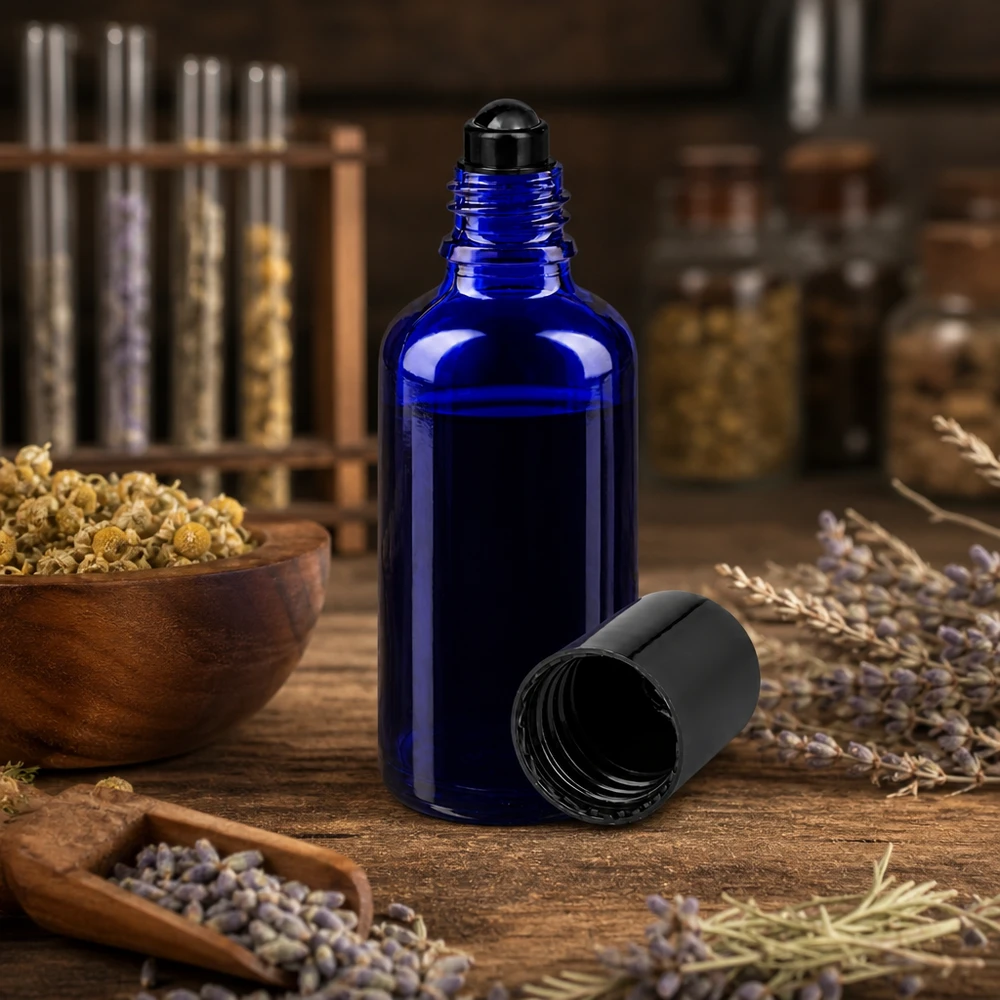Lékárenská lahvička modrá 50ml roll-on uzávěr černý 50ml blaue Roll-On Flasche aus UV-Schutzglas mit Kräuterdeko für Naturkosmetik und Aromatherapie