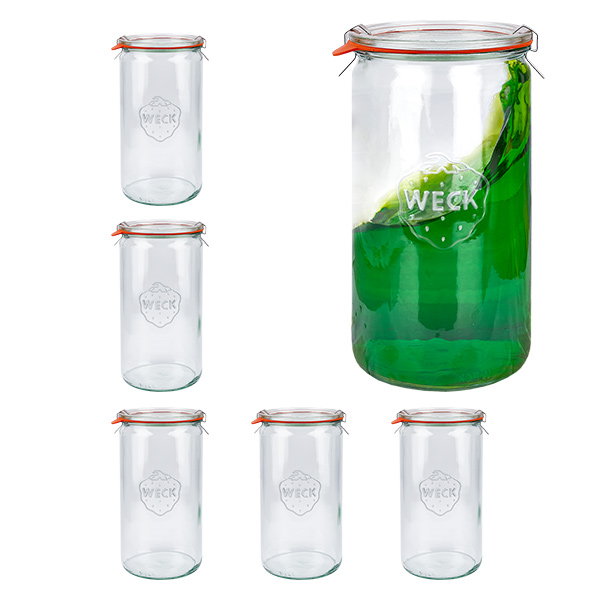 Sada 6 zavařovacích sklenic Weck 1590ml válcových sklenic, 1,5l sklenice. Sada 6 zavařovacích sklenic Weck 1590ml válcových sklenic, 1,5l sklenice.