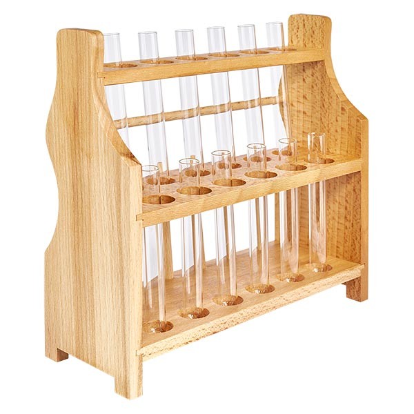 Dřevěný stojan na zkumavky s 12 zkumavkami a limonádou 100x12 Dřevěný stojan na zkumavky s 12 zkumavkami a limonádou 100x12