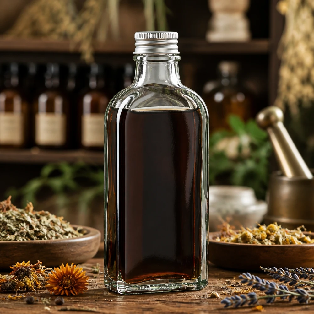 Transparente Meplatflasche 100 ml DIN22 mit Kräuterdekoration in apothekentypischer Umgebung