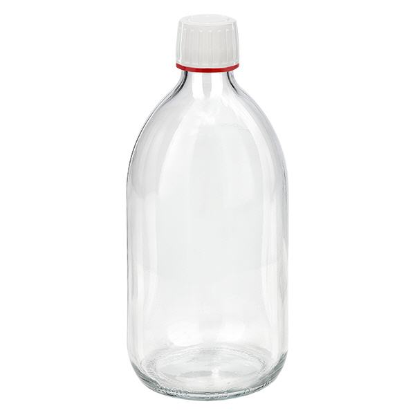 500ml lahvička na léky čirá, uzávěr bílý s tamper-evidentním kroužkem červený ApoGlas 500ml lahvička na léky čirá, uzávěr bílý s tamper-evidentním kroužkem červený ApoGlas