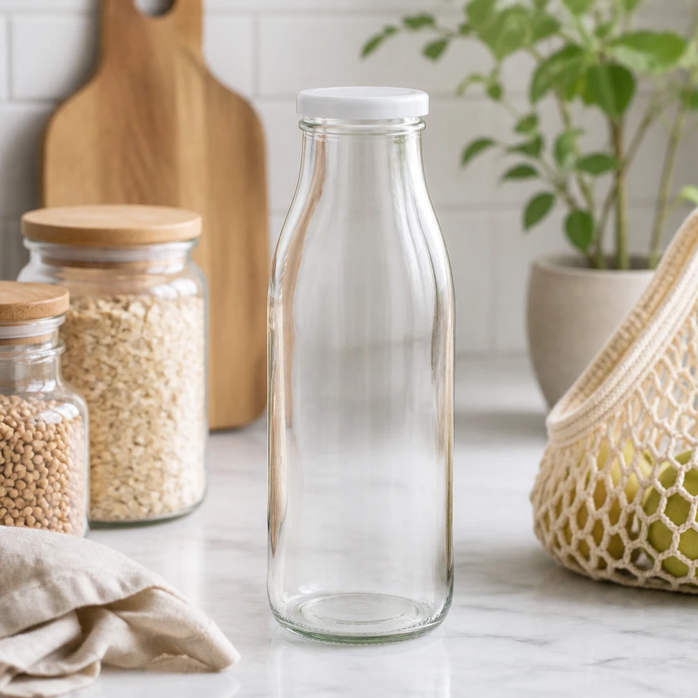 500ml Glasflasche leer in natürlicher Küchenumgebung mit Vorratsgläsern und Pflanzen Lifestyle-Aufnahme