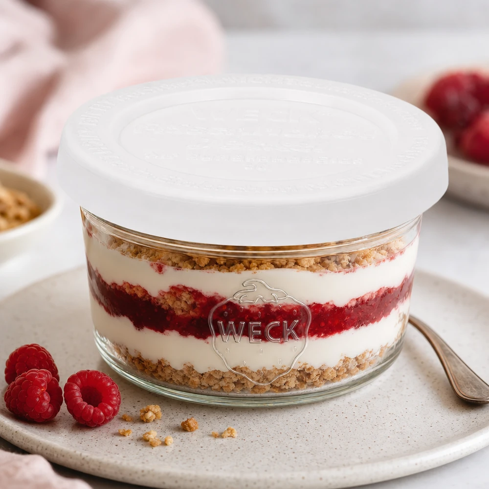 WECK 50ml Sturzglas RR60 mit Schichtdessert und Himbeeren als Dessertvariante auf weißer Servierplatte
