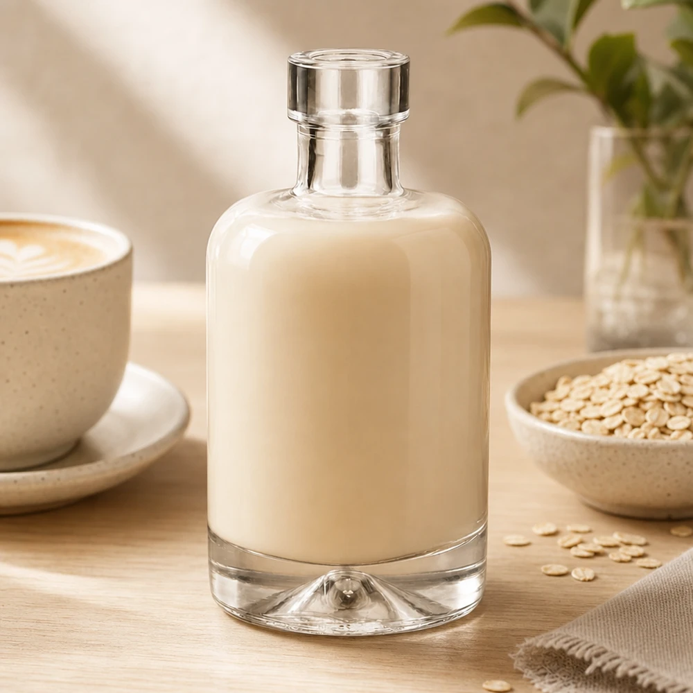 50ml Glasflasche Amelie gefüllt mit Hafermilch umgeben von Haferflocken zeigt Verwendung für pflanzliche Milchalternativ