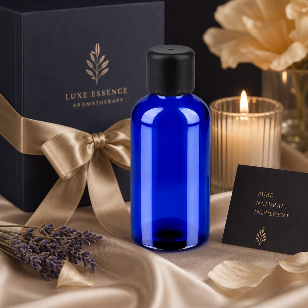 50ml láhev se 6mm šroubovacím uzávěrem černá Standard BlueLine UT18/50 Stilvolle 50ml Glasflasche in tiefem Blau mit elegantem schwarzem Deckel für Luxus Kosmetik