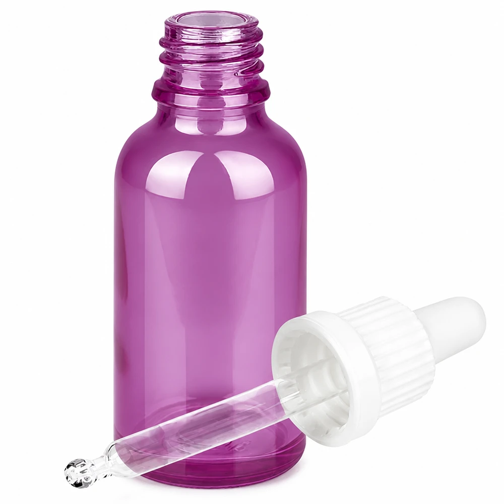 Kompakte Dosierungsflasche 30ml violett mit Glastropfer für Labor und Kosmetik