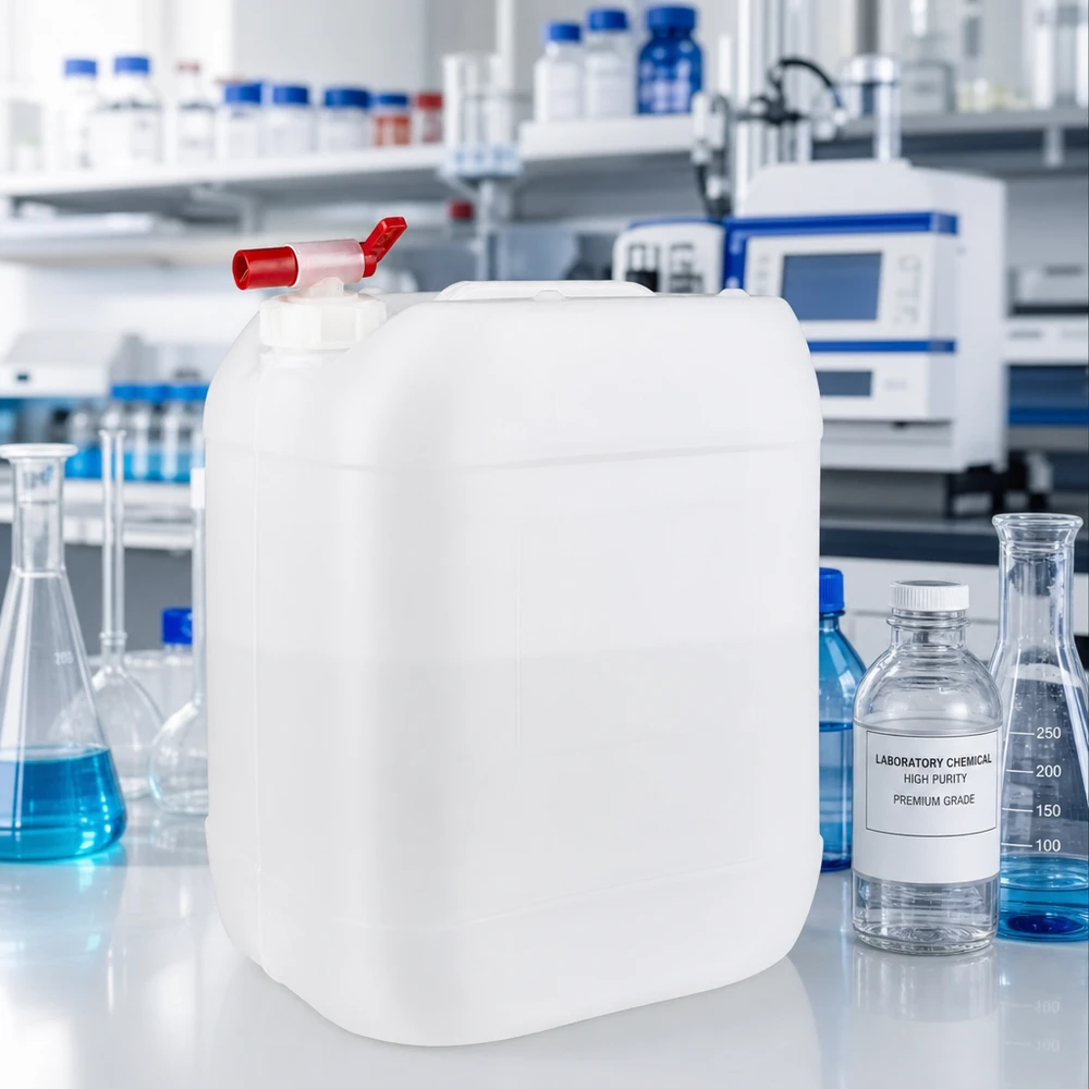 Kanystr o objemu 20 litrů s vypouštěcím kohoutem Stapelbarer Lagerkanister 20 Liter mit rotem Hahn zur sicheren Aufbewahrung von Laborchemikalien