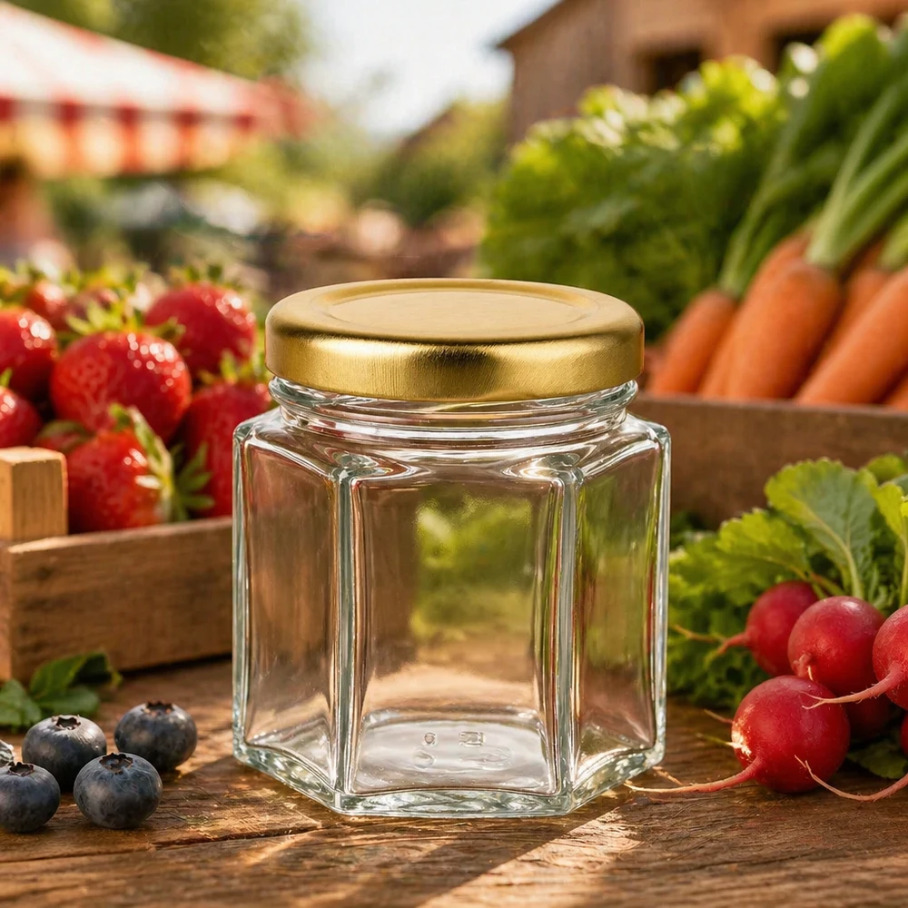 60g Honigglas mit goldenem Deckel BasicSeal UNiTWIST 60g Honigglas hexagonal leer auf Holztisch zwischen frischen Marktgemüse Erdbeeren Karotten und Radieschen