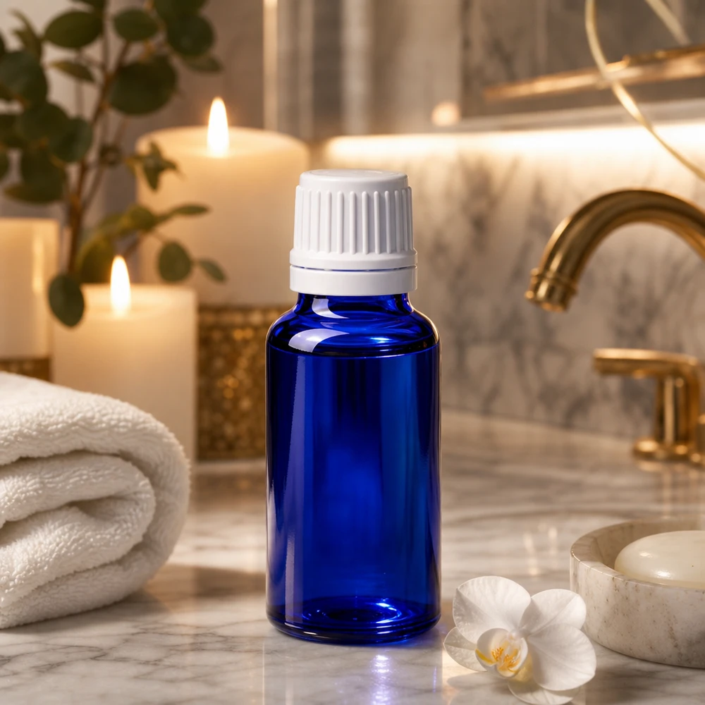 Lékárenská lahvička modrá 20ml kapátko uzávěr 1,2mm bílý tamper evidentní uzávěr. 20ml blaue Flasche aus Apothekerglas mit präzisem 0,7mm Tropfer für Aromatherapie