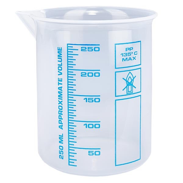 250ml odměrná kádinka (Griffinova kádinka) PP, antistatická, s vysokou průhledností podle DIN 12.311, s bezstupňovým korálkovým okrajem, modře potištěná stupnice. 250ml odměrná kádinka (Griffinova kádinka) PP, antistatická, s vysokou průhledností podle DIN 12.311, s bezstupňovým korálkovým okrajem, modře potištěná stupnice.