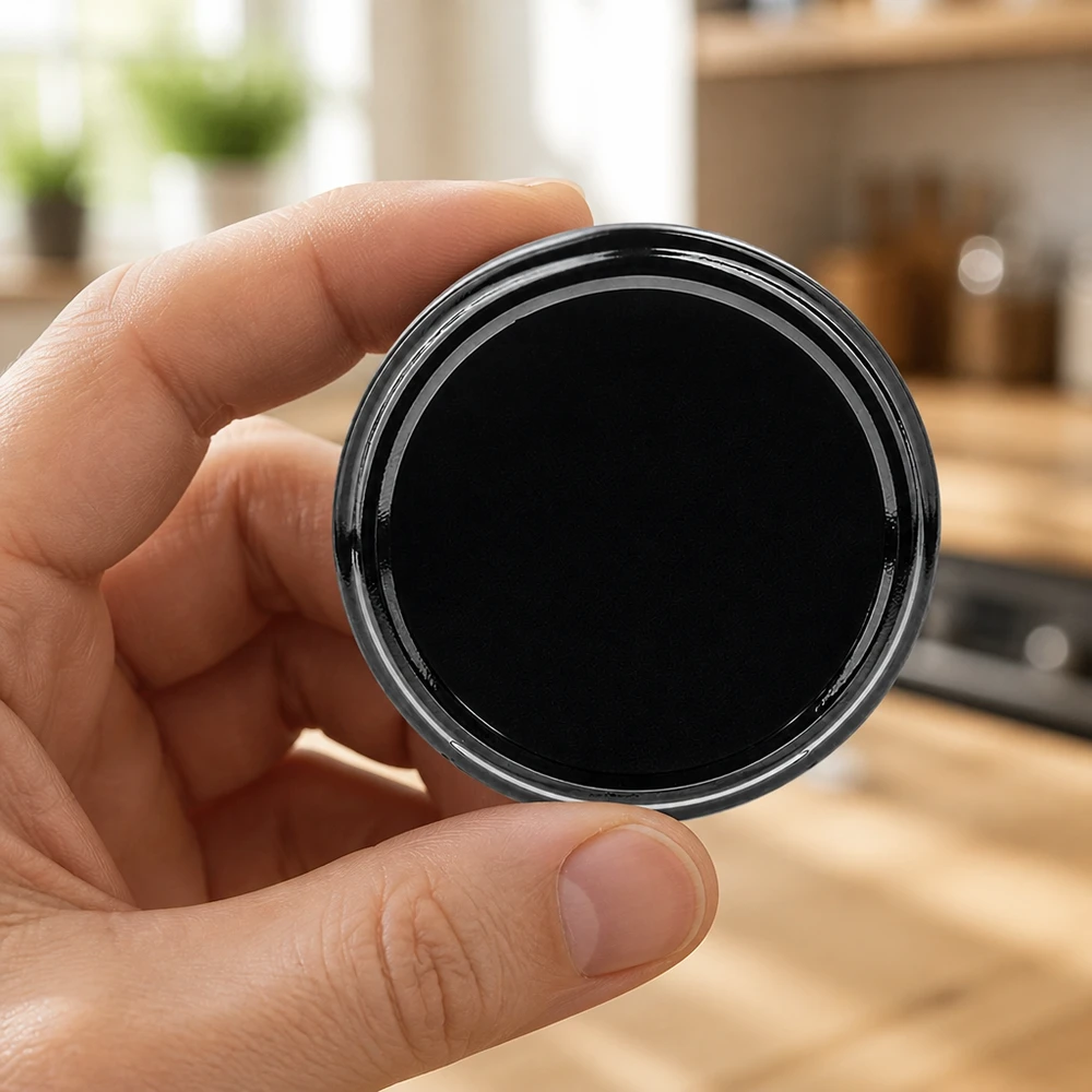 66 mm víčko BasicSeal, černé, TO66 UNiTWIST, na pozadí v kuchyni, držené v ruce