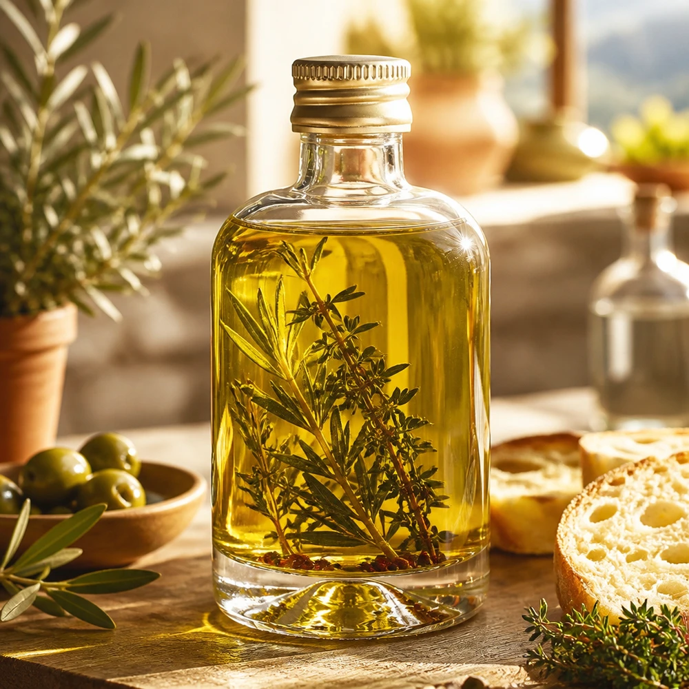 40ml Glasflasche "Sara" mit Schraubverschluss gold UNiTWIST 40ml Glasflasche Sara mit Kräuteröl und Rosmarinzweigen - goldener UNiTWIST Verschluss in mediterraner Küche