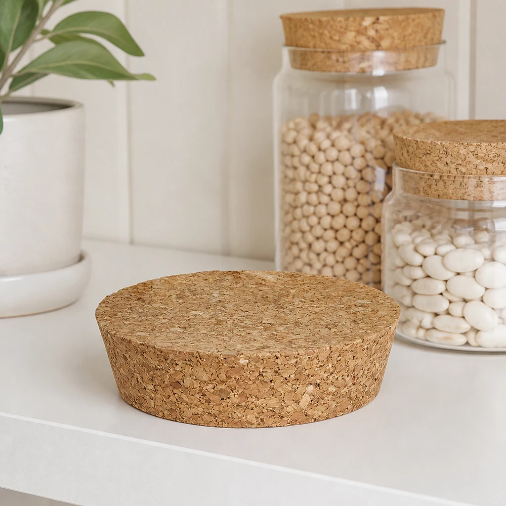 Korek pro 75mm otvor WECK RR80 (ø72/82, H=20mm). WECK RR80 Korken Naturkork in minimalistischer weißer Küche mit Vorratsgläsern Hülsenfrüchte Bohnen moderne Aufbewahrung