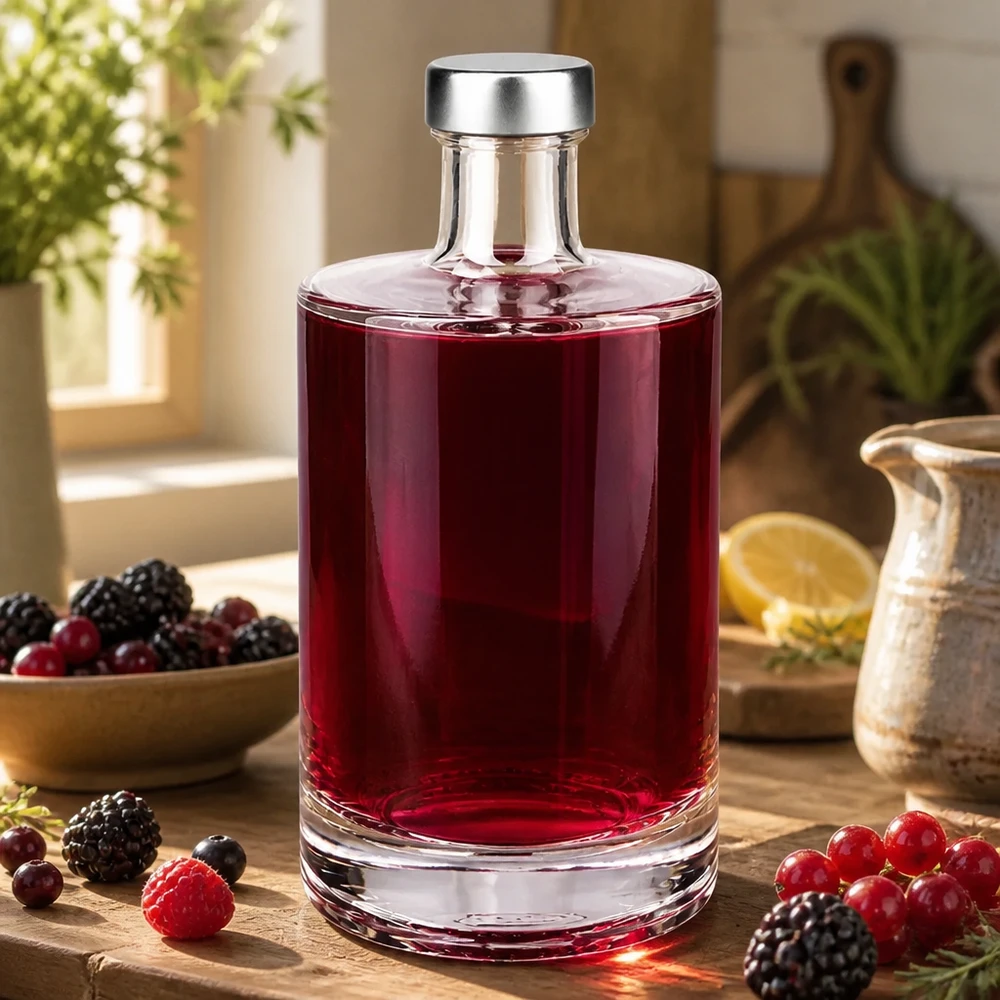 500ml Glasflasche "Sam" + Schraubverschluss silber UNiTWIST 500ml Glasflasche Sam mit rotem Beerenlikör gefüllt zwischen Waldbeeren und Küchenutensilien natürliches Licht